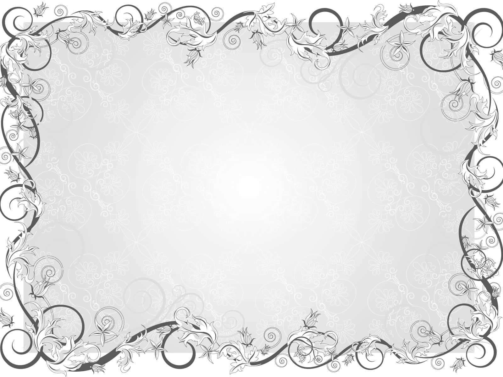 Frame 桌布 壁紙 — 優雅的黑白華麗花卉邊框，帶有旋轉藤蔓，襯托柔軟灰色紋理背景。
