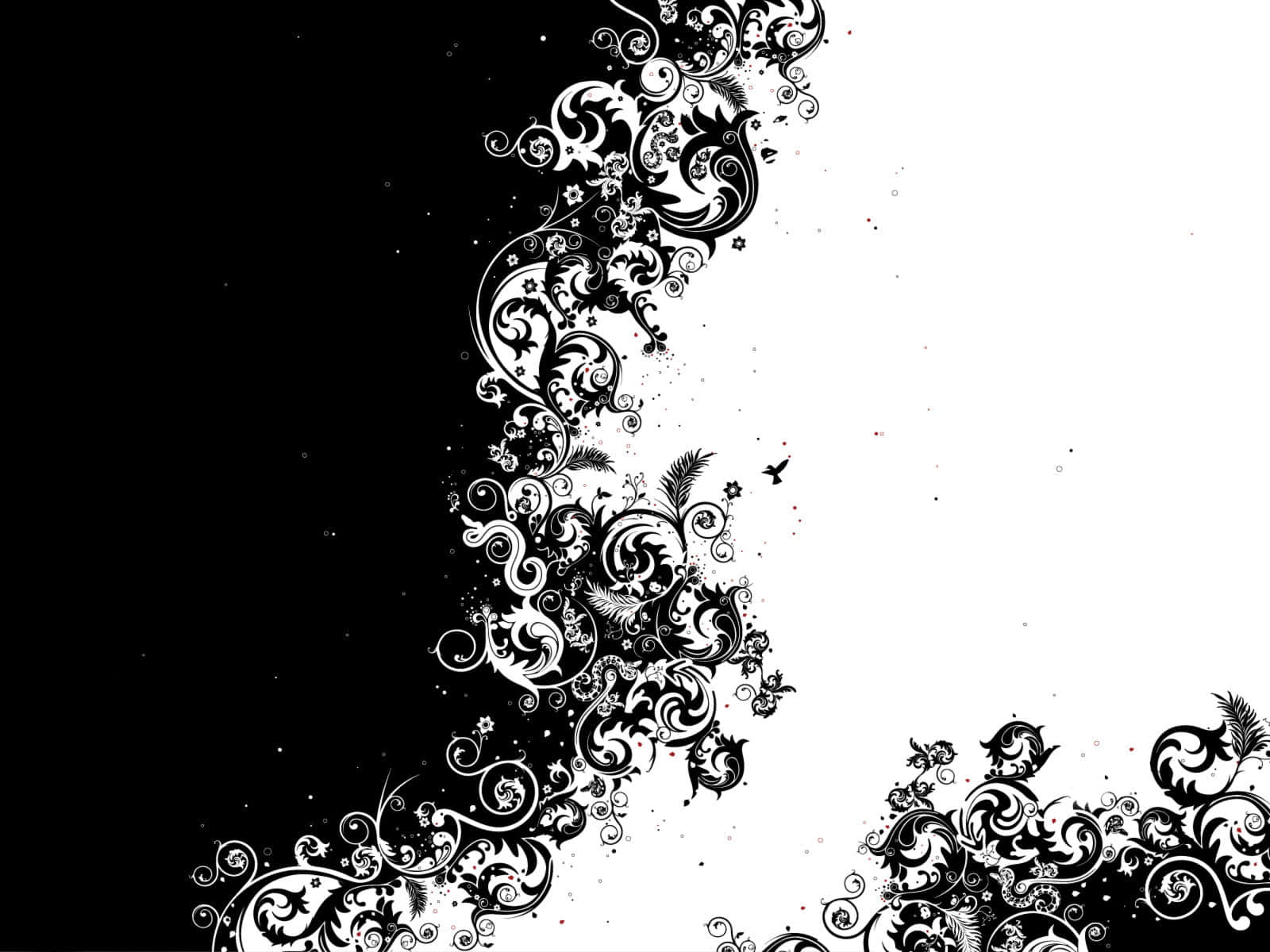 Aesthetic Black And White 桌布 壁紙 — 優雅的黑白裝飾漩渦和花卉圖案沿對角線傾瀉在強烈對比的背景上。