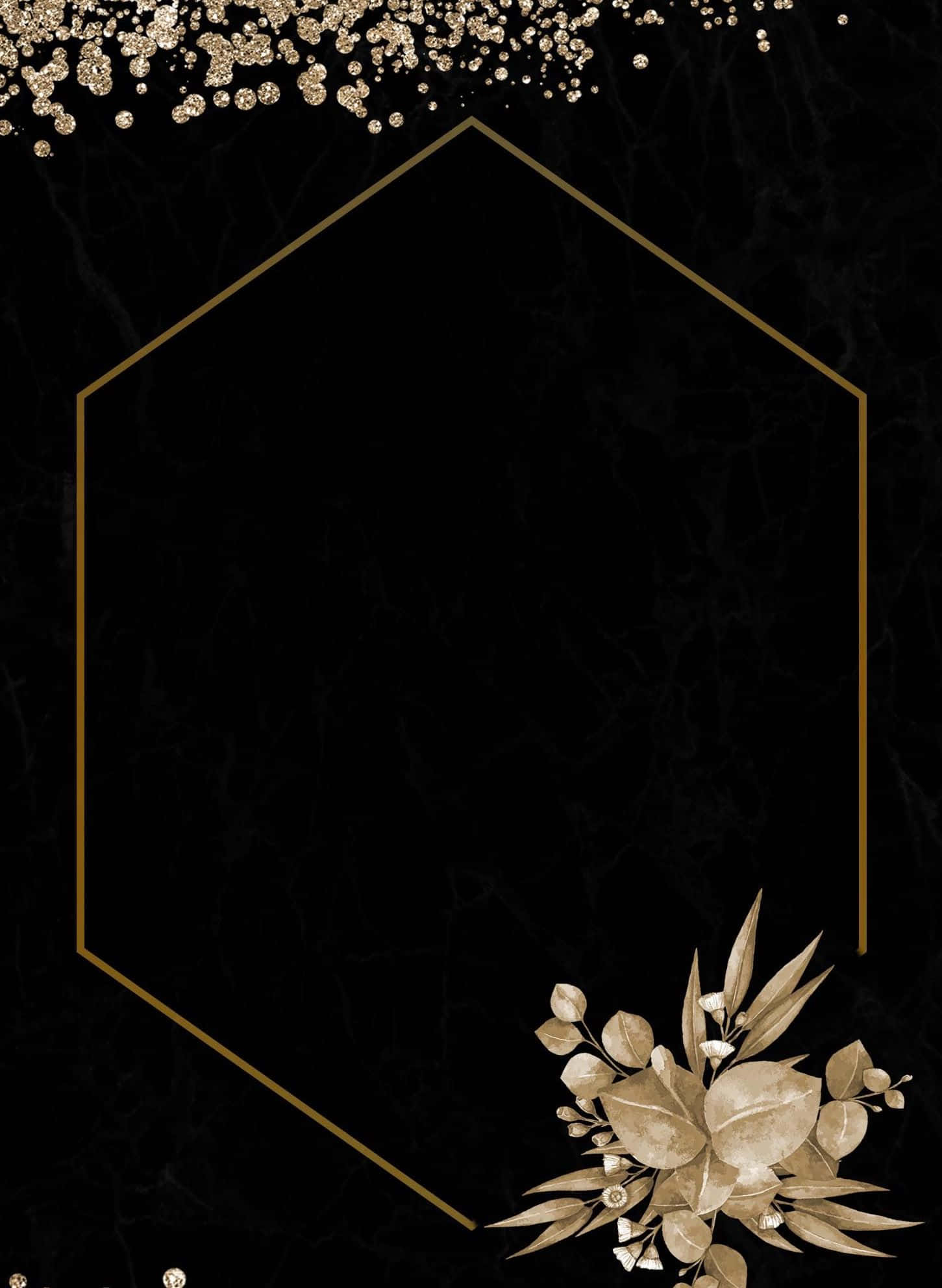 Christmas Invitation 桌布 壁紙 — 優雅的黑色大理石背景，飾有金色六邊形框架，點綴閃粉和復古棕調花卉佈置。