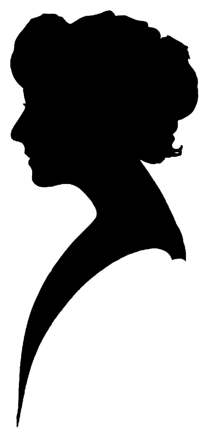 Silhouette 桌布 壁紙 — 優雅的黑色女性側面剪影，帶有造型頭髮，在純白背景上。