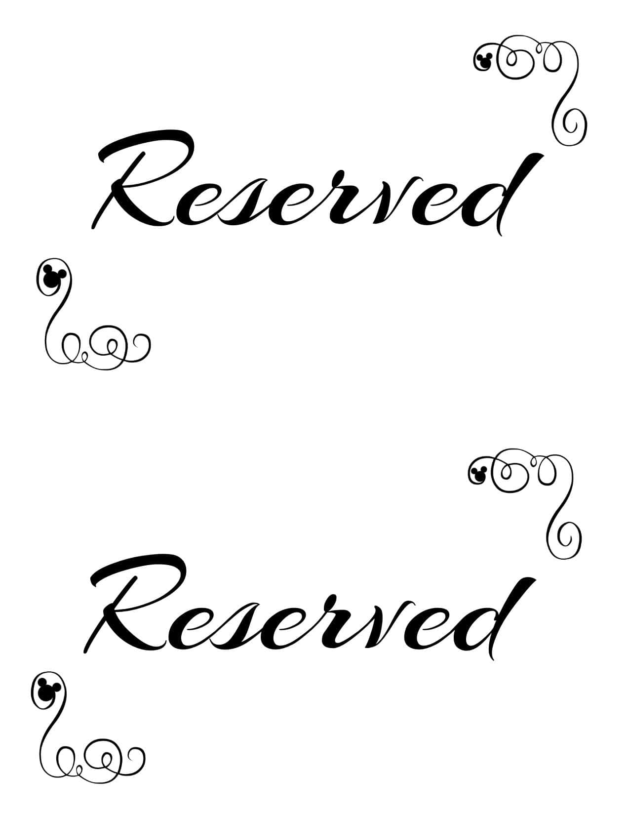 Printable 桌布 壁紙 — 優雅的黑色字體在白色背景上兩次讀取「Reserved」，角落有裝飾性漩渦和米奇老鼠剪影。