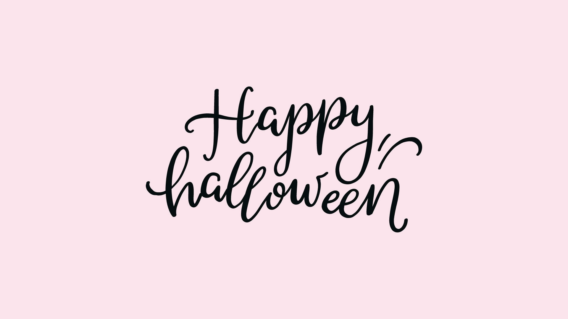 萬聖節動圖 桌布 壁紙 — 優雅的黑色書法字體「Happy Halloween」漂浮在柔和的粉紅色背景上。