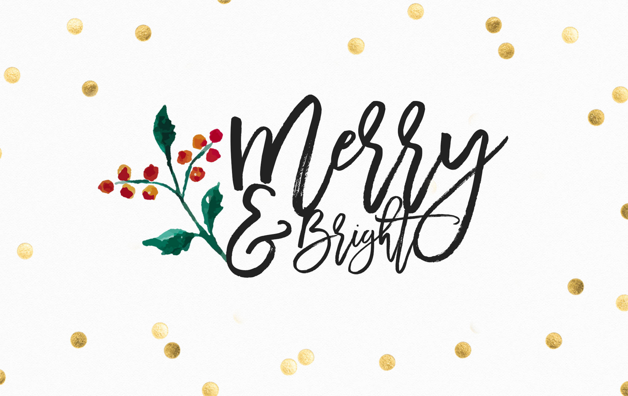 Christmas Desktop 桌布 壁紙 — 優雅的黑色畫筆字體寫著「Merry & Bright」，旁邊是帶有紅色漿果和金色箔紙五彩紙屑的水彩冬青枝，背景為白色。