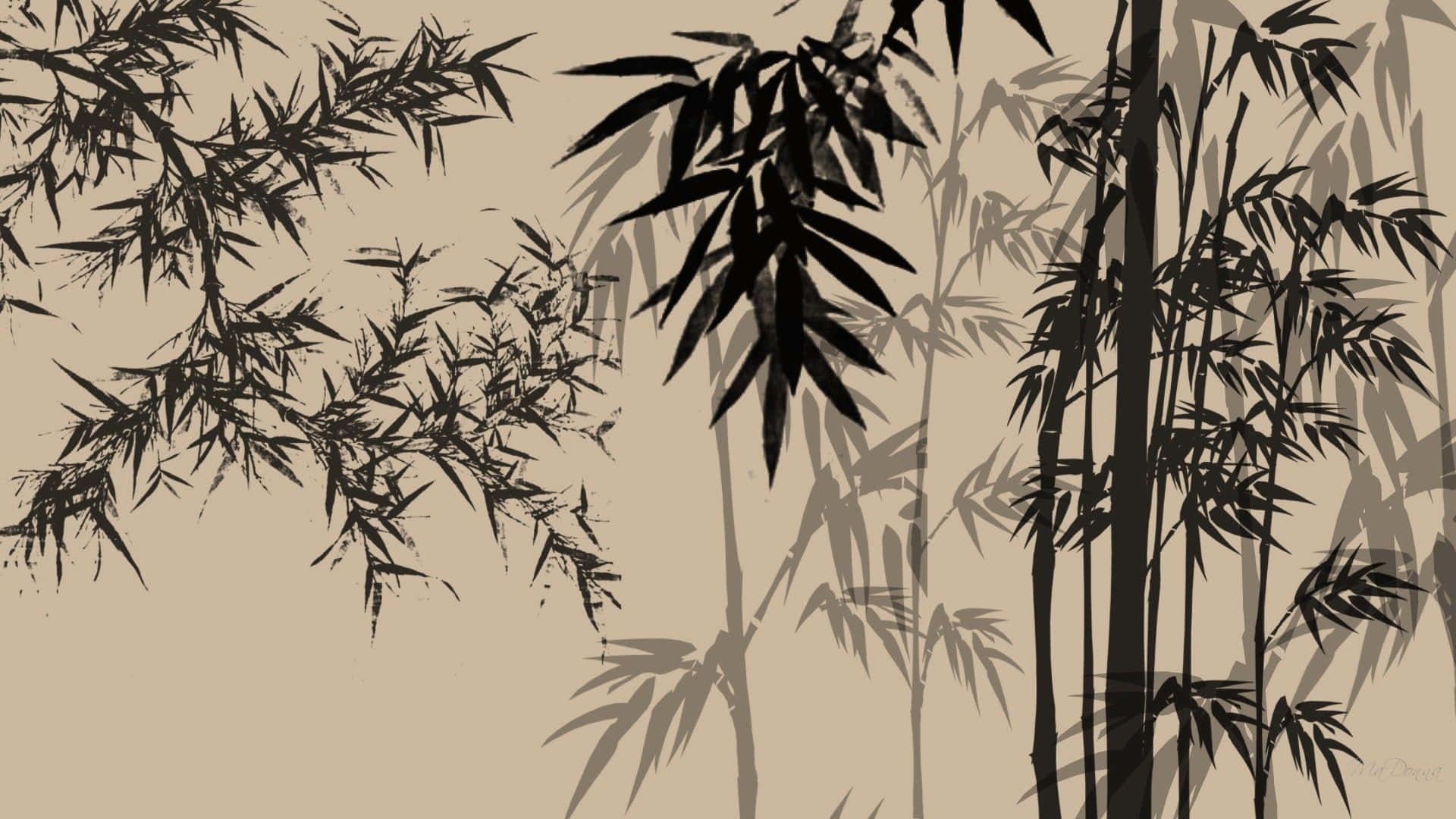 Chinese Bamboo 桌布 壁紙 — 優雅的黑色竹子剪影在柔和的米色背景上以極簡水墨風格優雅搖曳。