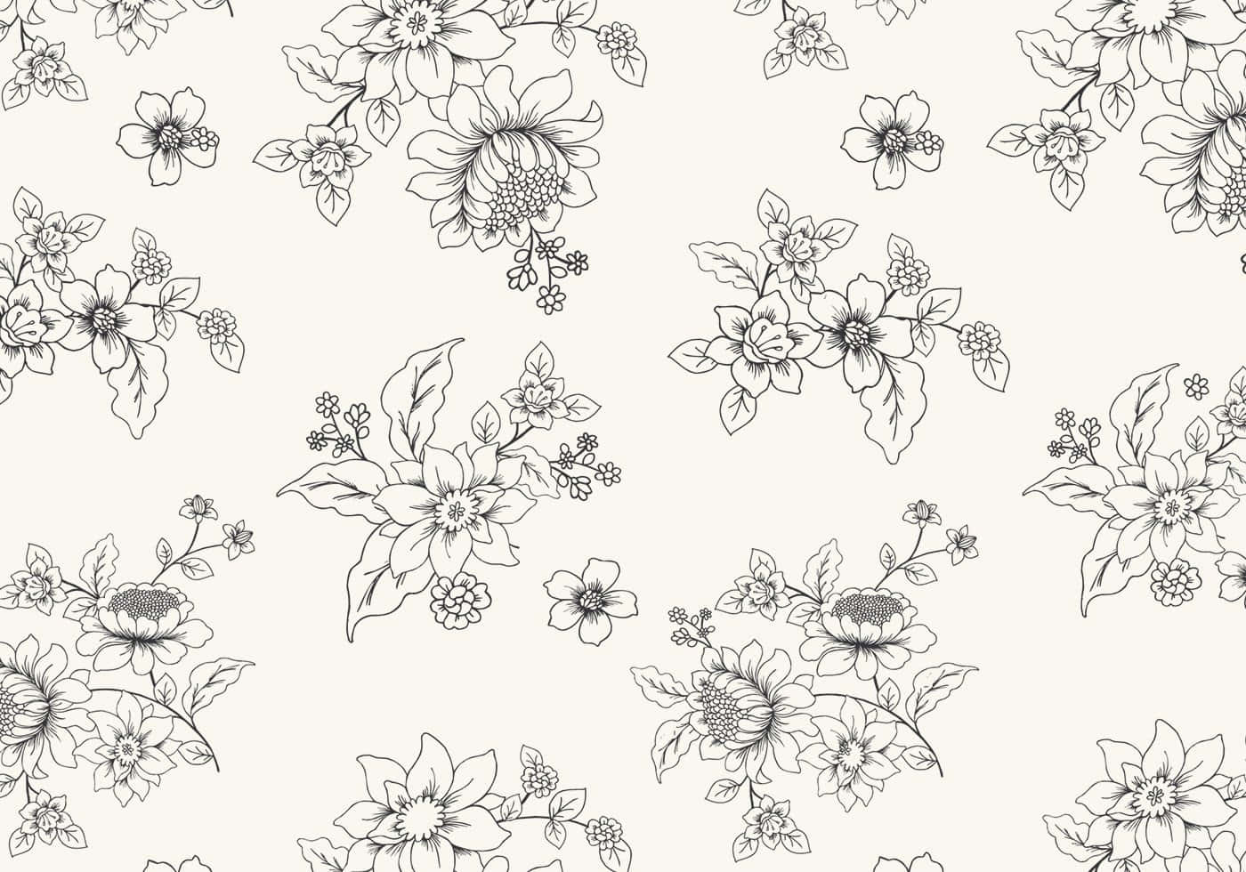 Flower Drawing 桌布 壁紙 — 優雅的黑色線條花卉圖案，在柔和的奶油色背景上點綴精緻的花朵和葉子。