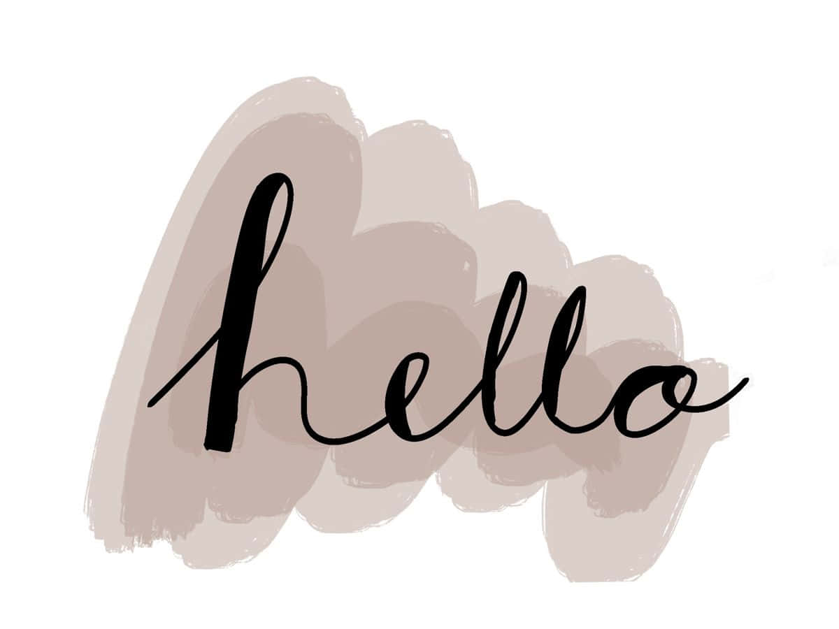 Hello 桌布 壁紙 — 優雅的黑色草書「hello」一詞，停留在柔和的米色水彩筆觸之上，背景為潔淨的白色。