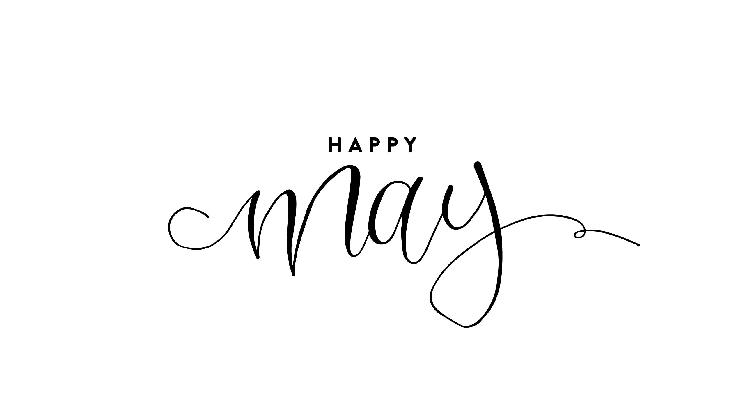 May 桌布 壁紙 — 優雅的黑色草書字體在潔白背景上寫著「Happy May」。