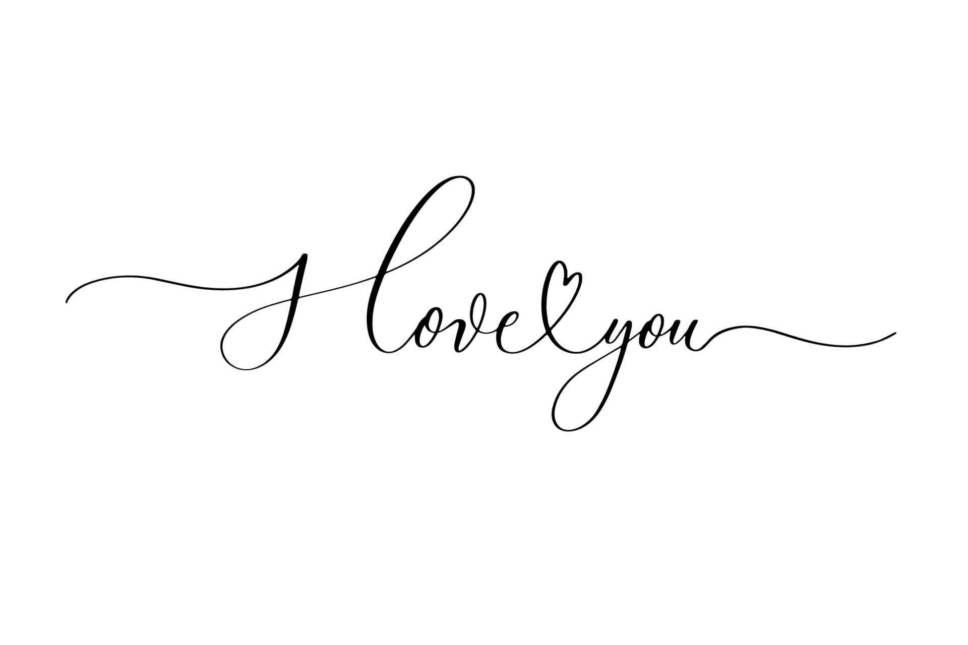 我愛你 桌布 壁紙 — 優雅的黑色草書寫著「I love you」，並用心形取代了「o」，置於潔淨的白色背景上。
