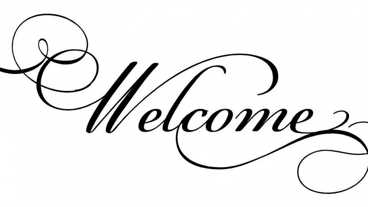 Welcome 桌布 壁紙 — 優雅的黑色草書拼寫「歡迎」，在乾淨的白色背景上帶有華麗的漩渦裝飾。