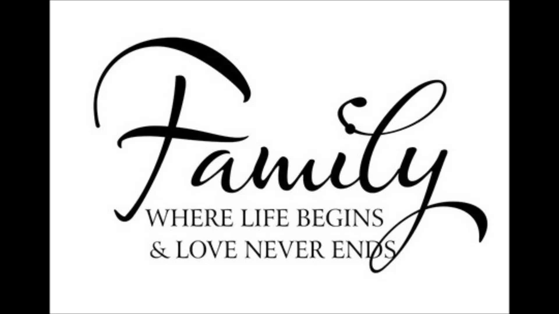 Family 桌布 壁紙 — 優雅的黑色草書文字在潔白背景上寫著「Family Where Life Begins & Love Never Ends」。