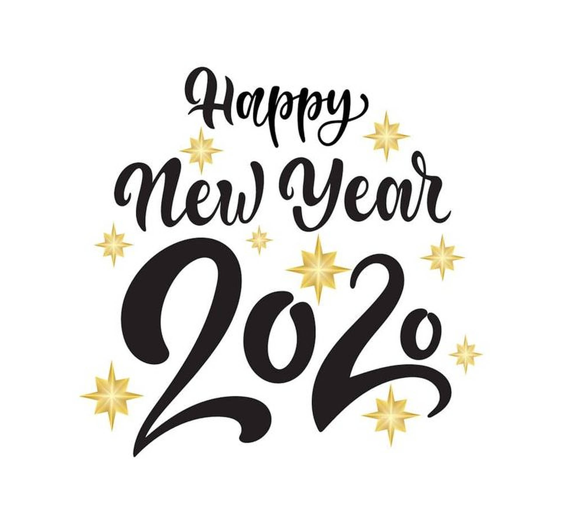 Happy New Year 2022 桌布 壁紙 — 優雅的黑色草書文字寫著「Happy New Year 2020」，周圍環繞著金色星星，背景為潔淨的白色。