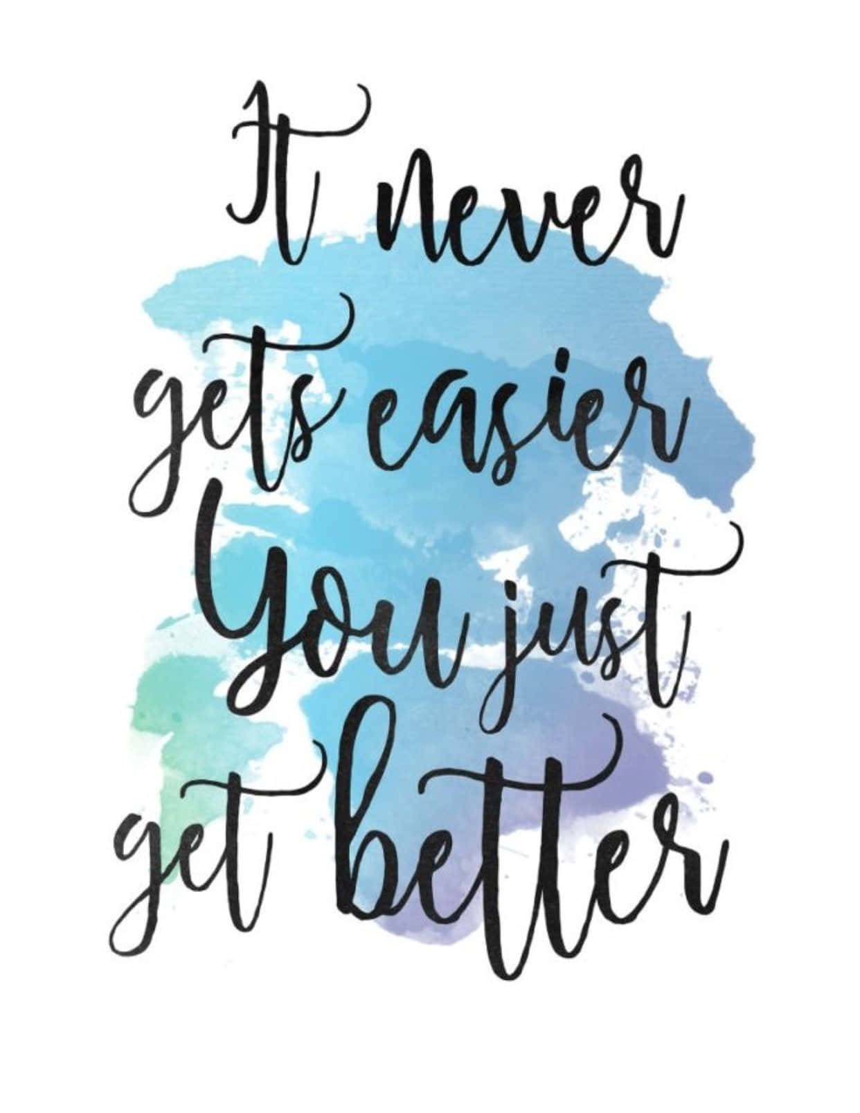 Quote 桌布 壁紙 — 優雅的黑色草書文字寫著「It never gets easier You just get better」，在白色背景上柔和藍色和綠色水彩潑濺之上。