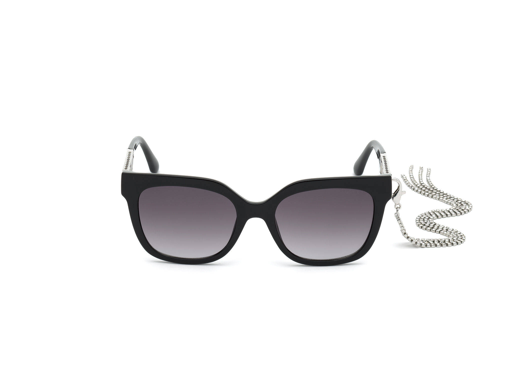 Sunglasses 桌布 壁紙 — 優雅的黑色貓眼太陽眼鏡，配有漸層鏡片和銀色鏈條，置於潔白背景上。