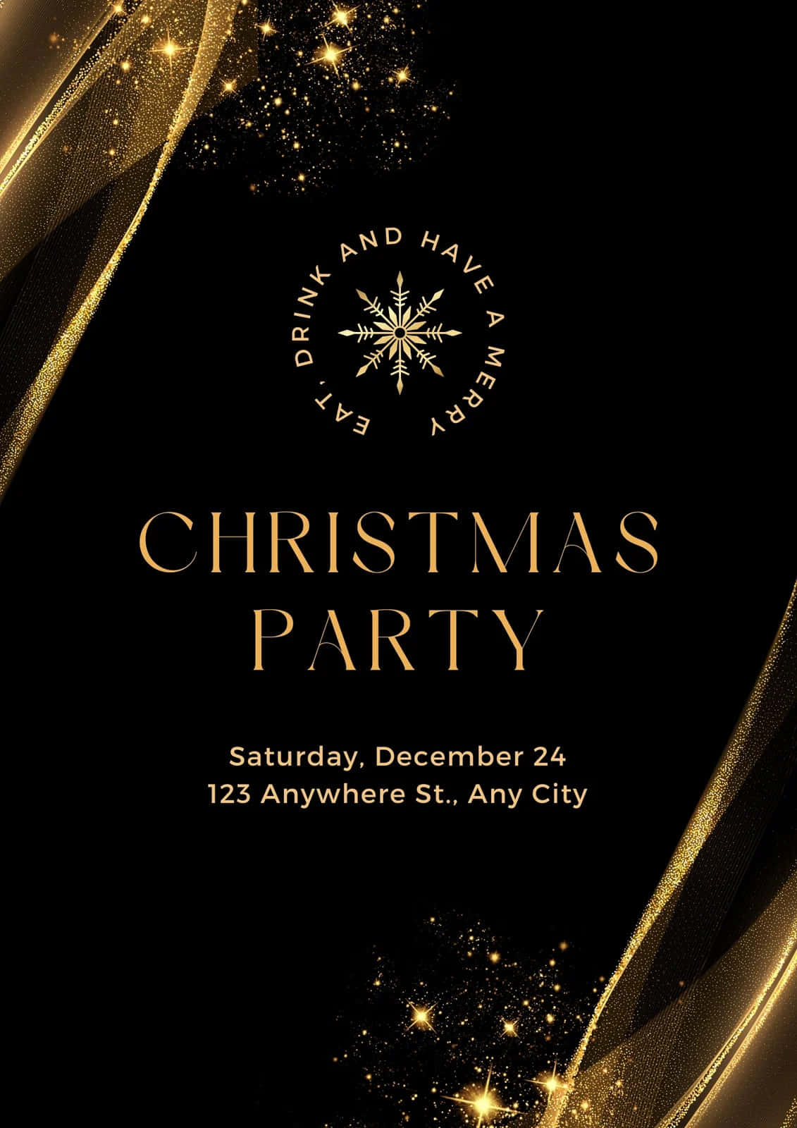 Christmas Flyer 桌布 壁紙 — 優雅的黑金聖誕派對海報，飾有閃爍星星和節日字體。