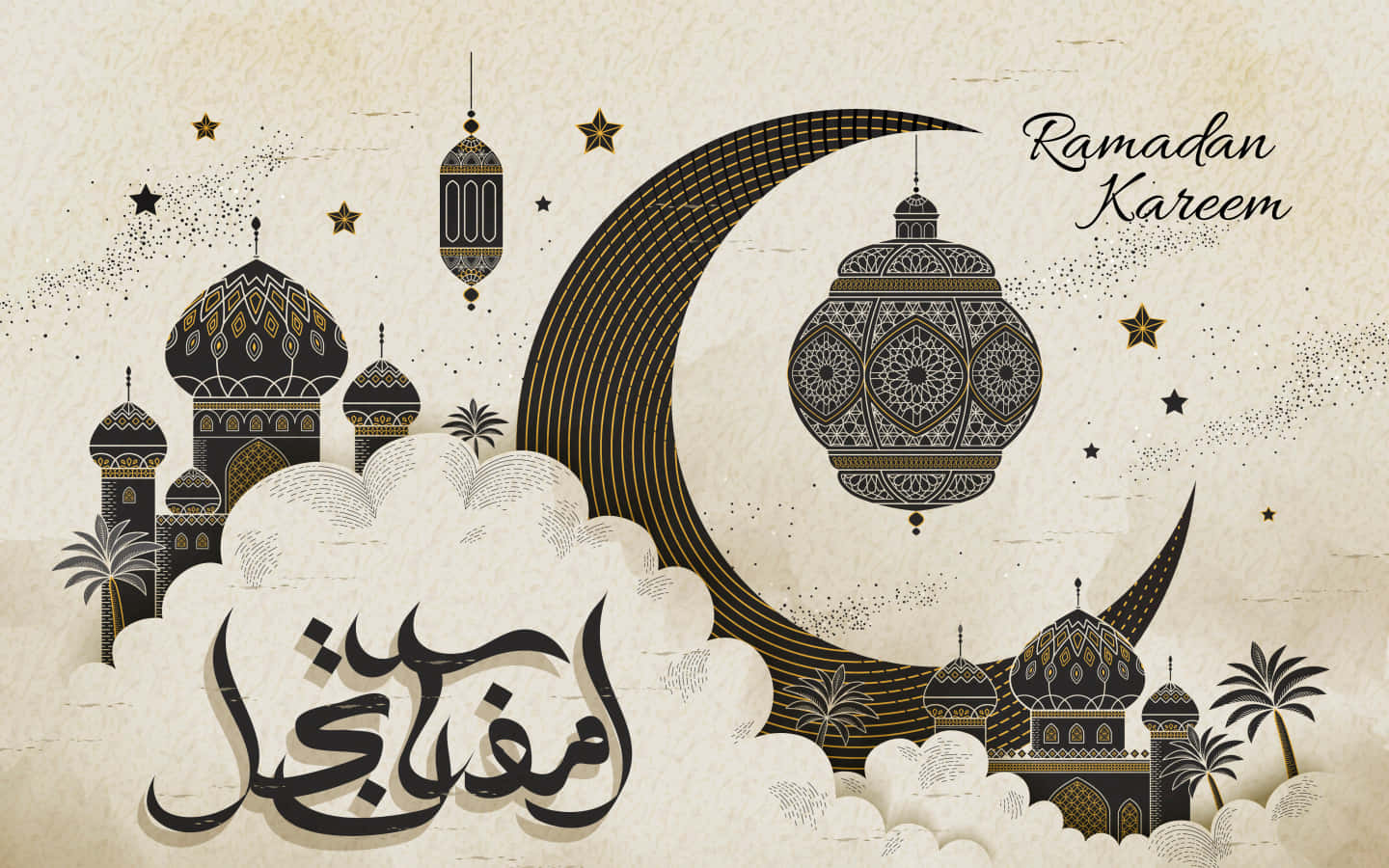 Ramadan 桌布 壁紙 — 優雅的齋月卡里姆插圖，特色是裝飾華麗的清真寺、棕櫚樹和掛燈，在新月和星星下。