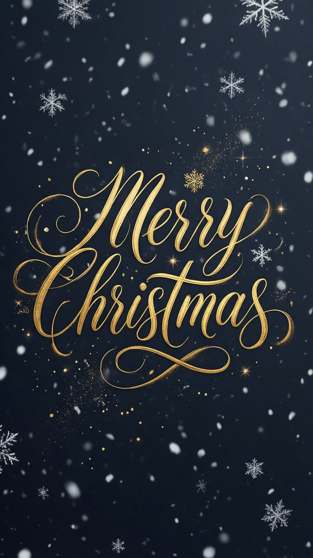 優雅聖誕快樂 壁紙 — 金色草書 Merry Christmas 文字在深藍色天空下閃爍，伴隨著飄落的雪花和閃爍的星星。
