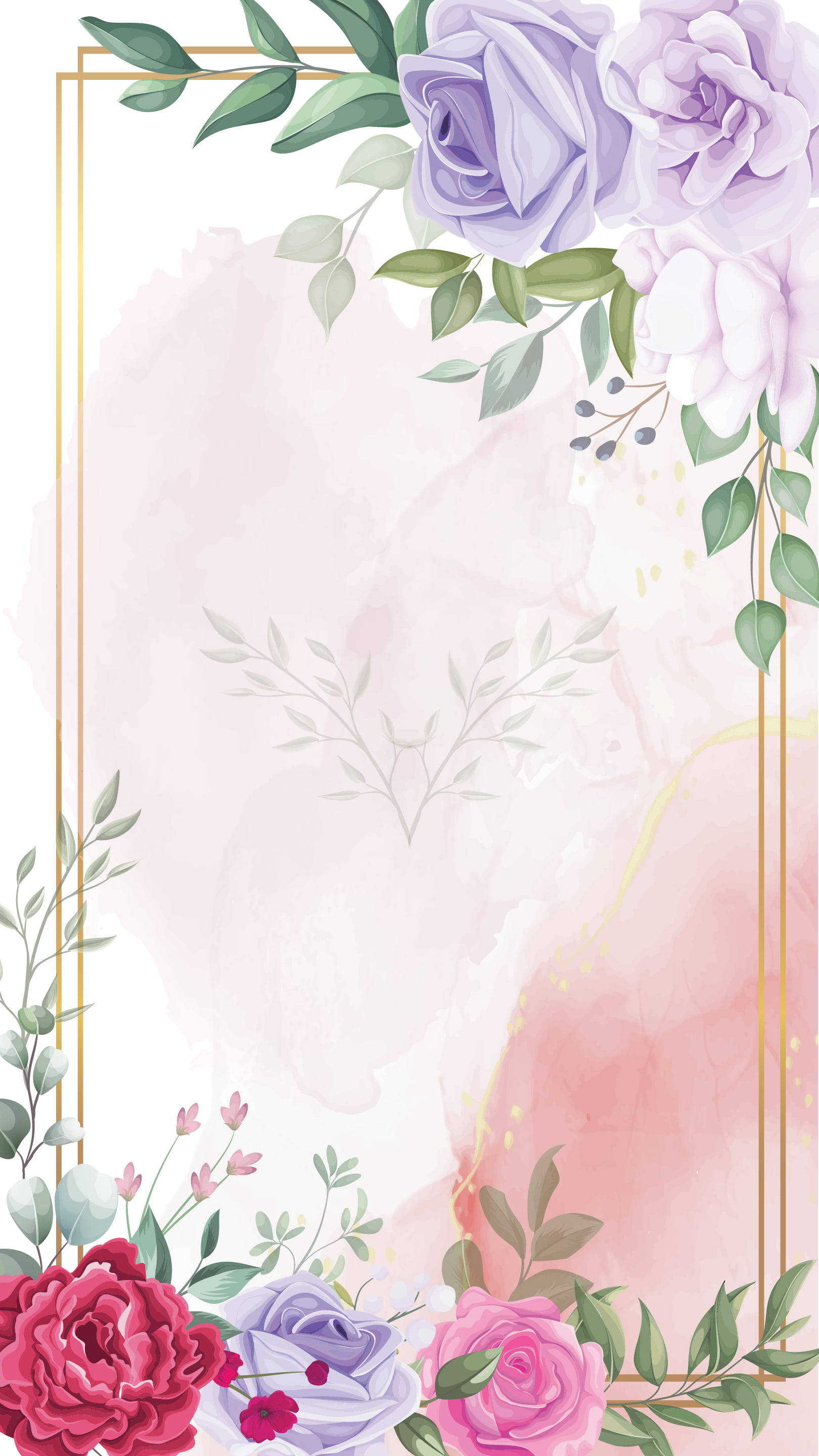 Flowers 桌布 壁紙 — 優雅花卉壁紙，以薰衣草玫瑰、粉紅牡丹和綠植為特色，金色線條框於柔和的水彩背景上。