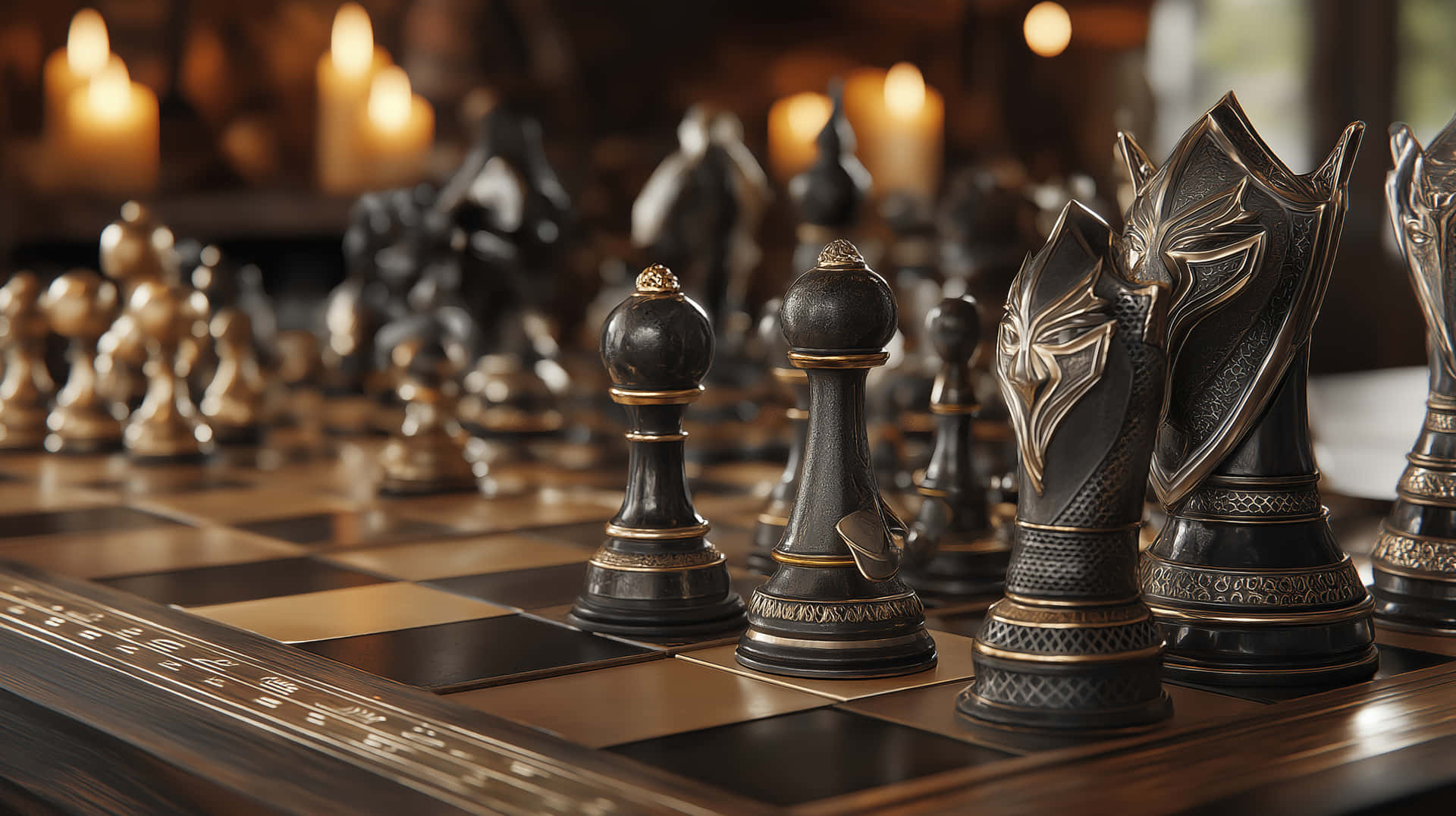 Ornate Chess Set on a Polished Game Board 壁紙 — 優雅華麗的國際象棋棋子帶有金色點綴，在溫暖燭光下立於木製棋盤上。