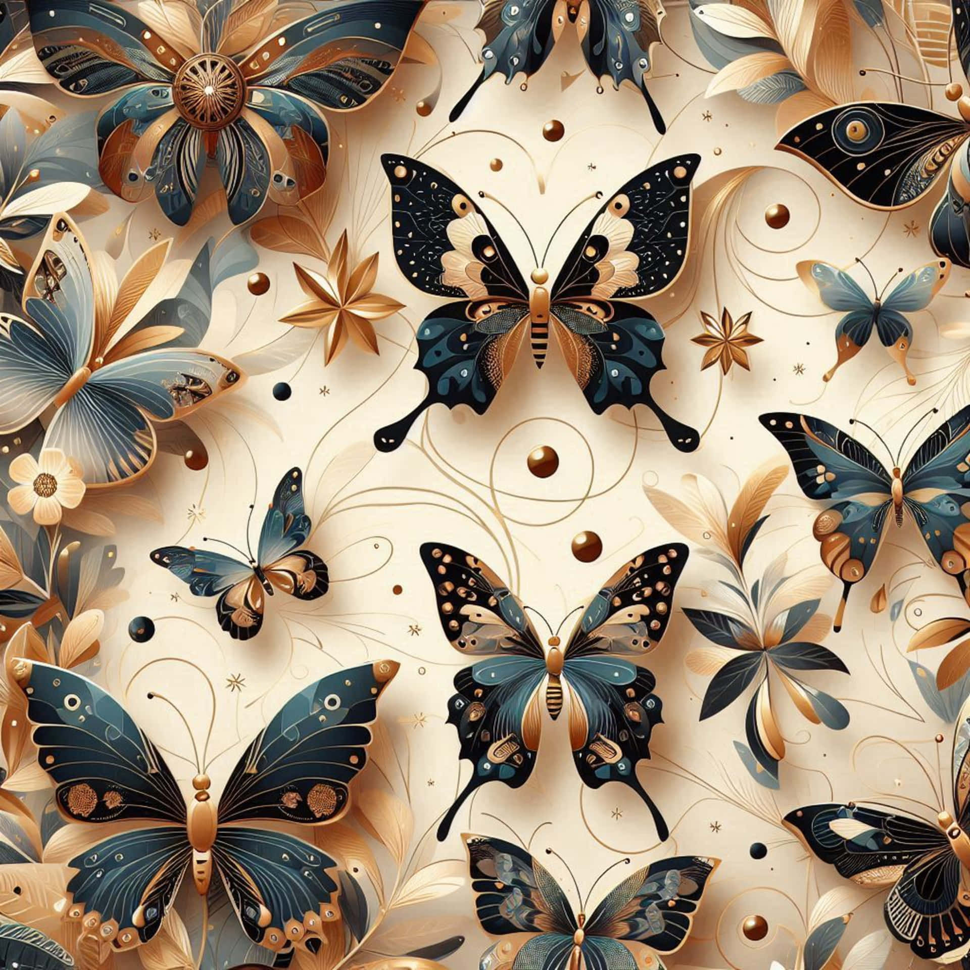 Butterflies flat background 壁紙 — 優雅華麗的深藍色和金色蝴蝶在奶油色背景上旋轉的花卉圖案中翩翩起舞。