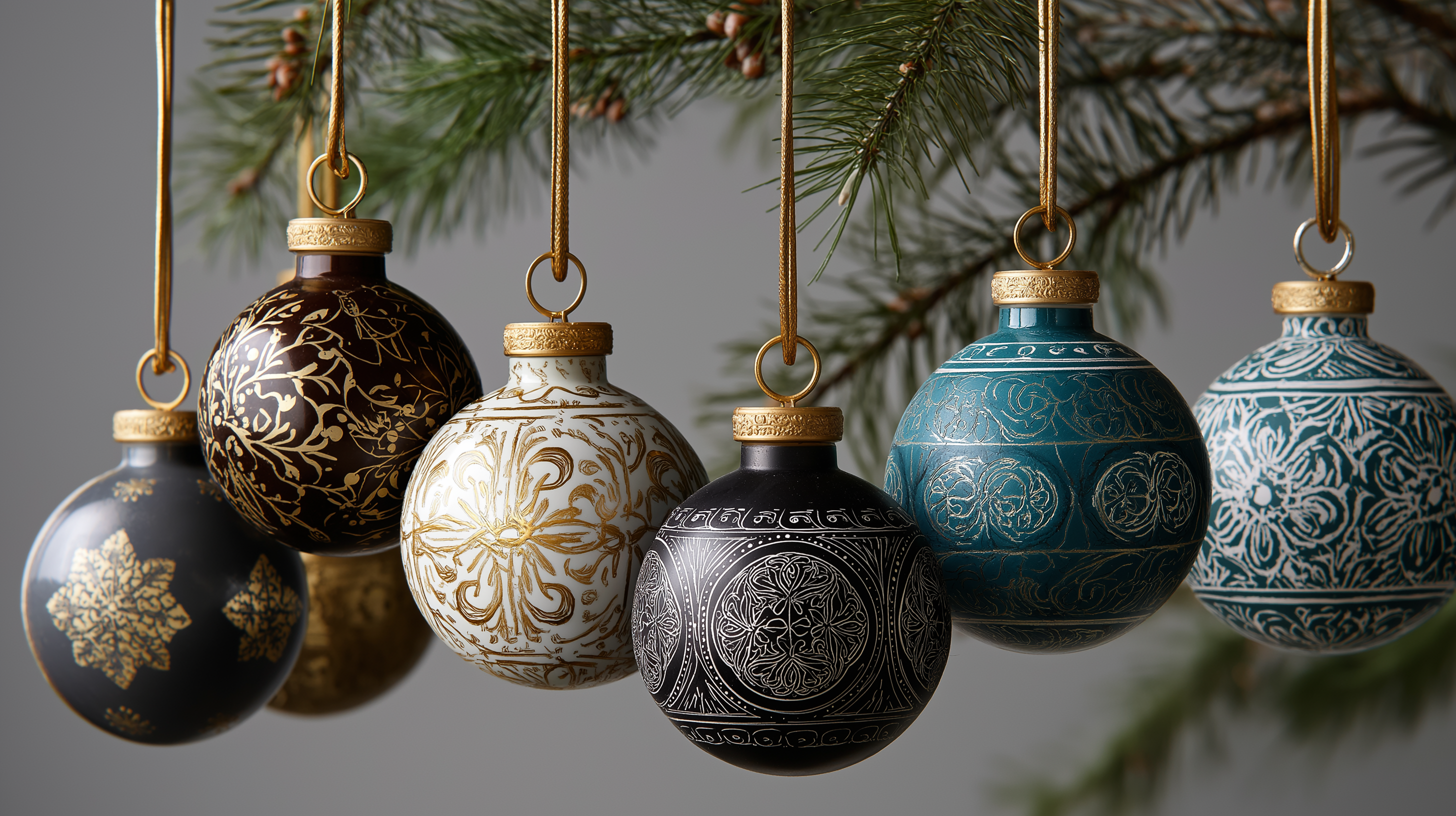Baubles 桌布 壁紙 — 優雅華麗的聖誕裝飾品，金色、銀色、藍綠色和黑色，掛在松樹枝上，背景是柔和的灰色。