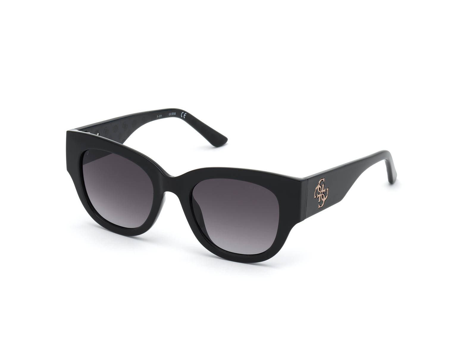 Sunglasses 桌布 壁紙 — 優雅黑色貓眼太陽眼鏡，鏡臂上帶金色標誌，純白背景。
