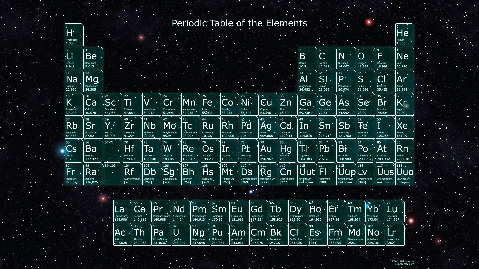 Periodic 桌布 壁紙 — 元素週期表在星空宇宙背景中發光，帶有紅色和藍色星雲。