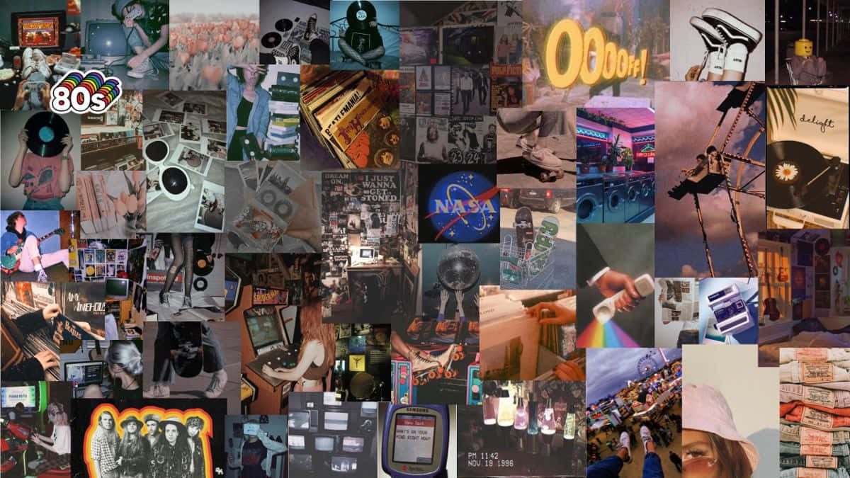 90s Aesthetic Laptop 桌布 壁紙 — 充滿80年代懷舊氣息的鮮明拼貼畫， featuring 復古科技音樂和流行文化紀念品。