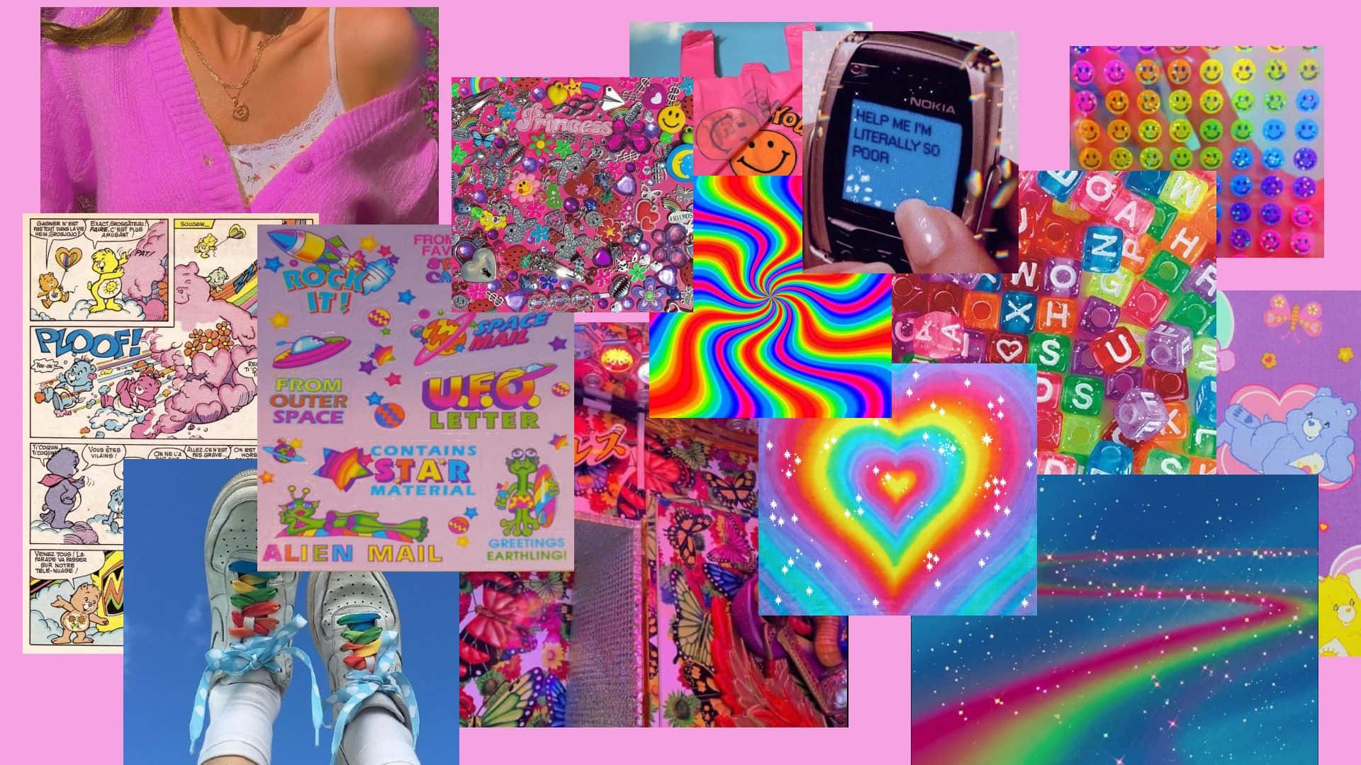 Kidcore Aesthetic 桌布 壁紙 — 充滿90年代懷舊氣息的鮮明拼貼畫， featuring 粉紅色毛衣、彩虹漩渦、漫畫條和閃亮的外星人郵件貼紙。
