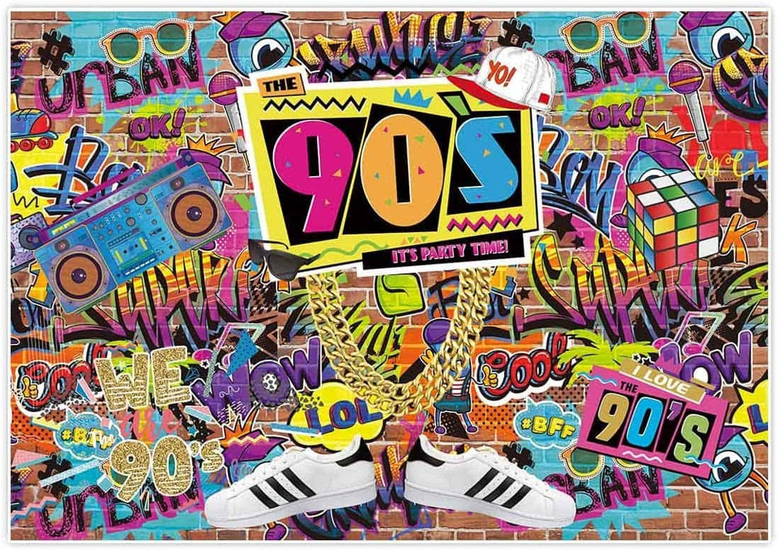 90s Aesthetic 桌布 壁紙 — 充滿90年代活力的塗鴉牆，佈滿手提音響、運動鞋、魔術方塊和霓虹文字，慶祝復古派對文化。