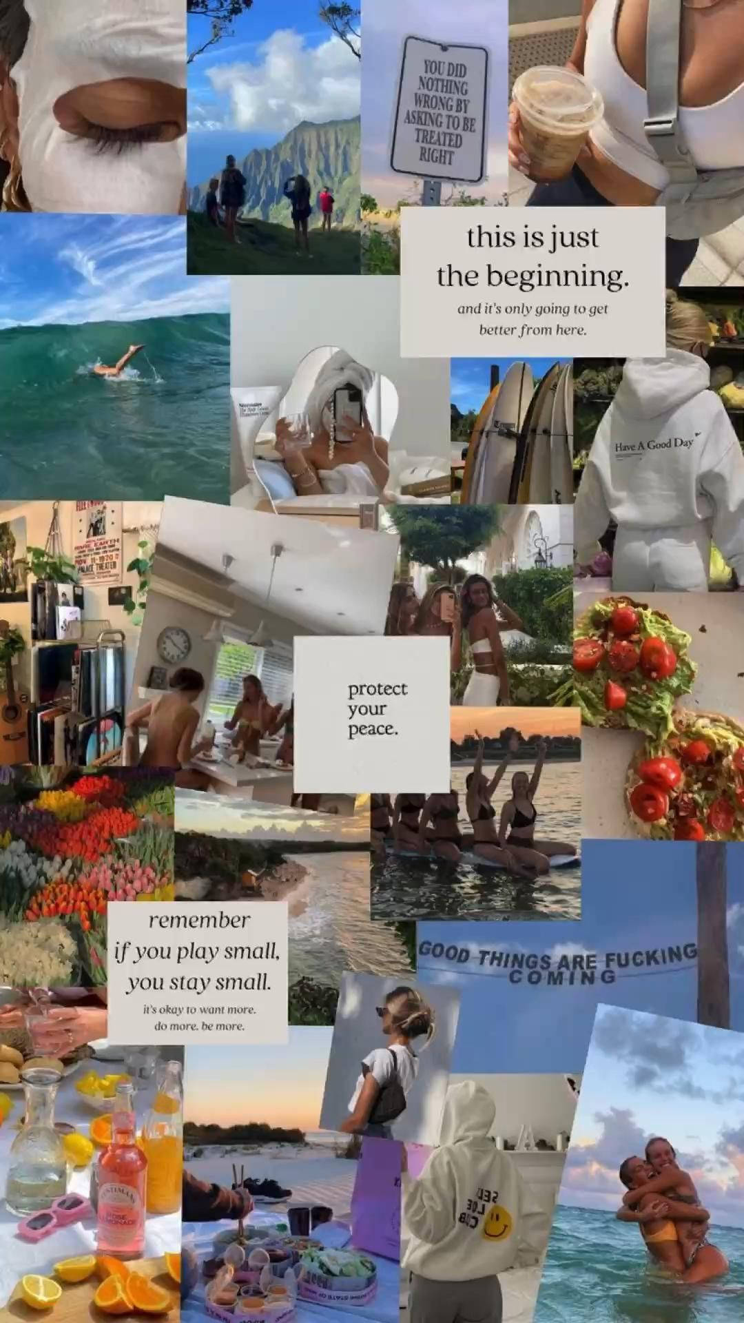 That Girl Aesthetic 桌布 壁紙 — 充滿個人時刻的活力拼貼，包含海灘場景、勵志名言、健康食品和愉快的互動。
