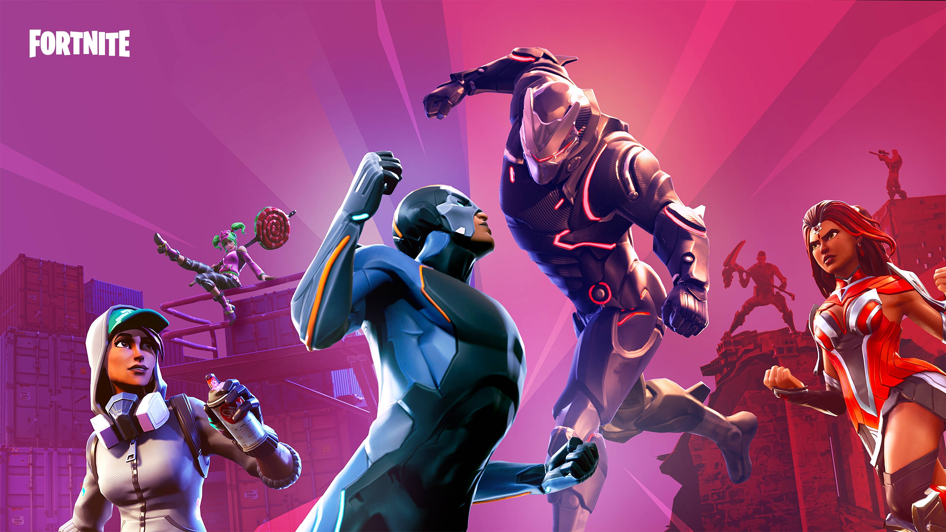 Fortnite 桌布 壁紙 — 充滿動感的 Fortnite 角色身穿未來裝備，在充滿活力的粉紅色和紫色城市天際線中跳躍和擺姿勢。