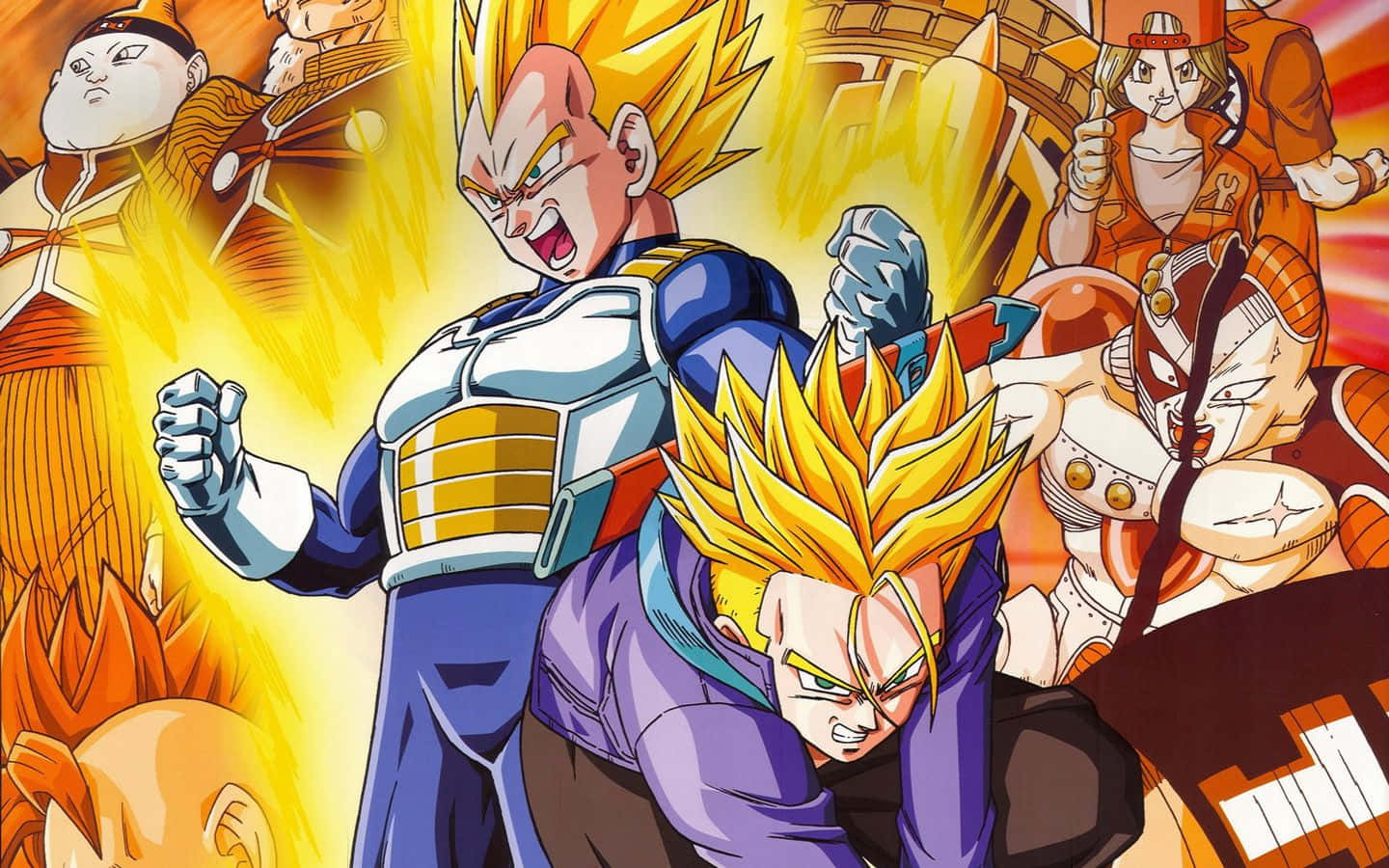 Vegeta And Trunks 桌布 壁紙 — 充滿動感的動漫戰士，擁有尖刺金髮和發光的能量爆炸，在激烈的戰鬥場景中碰撞。