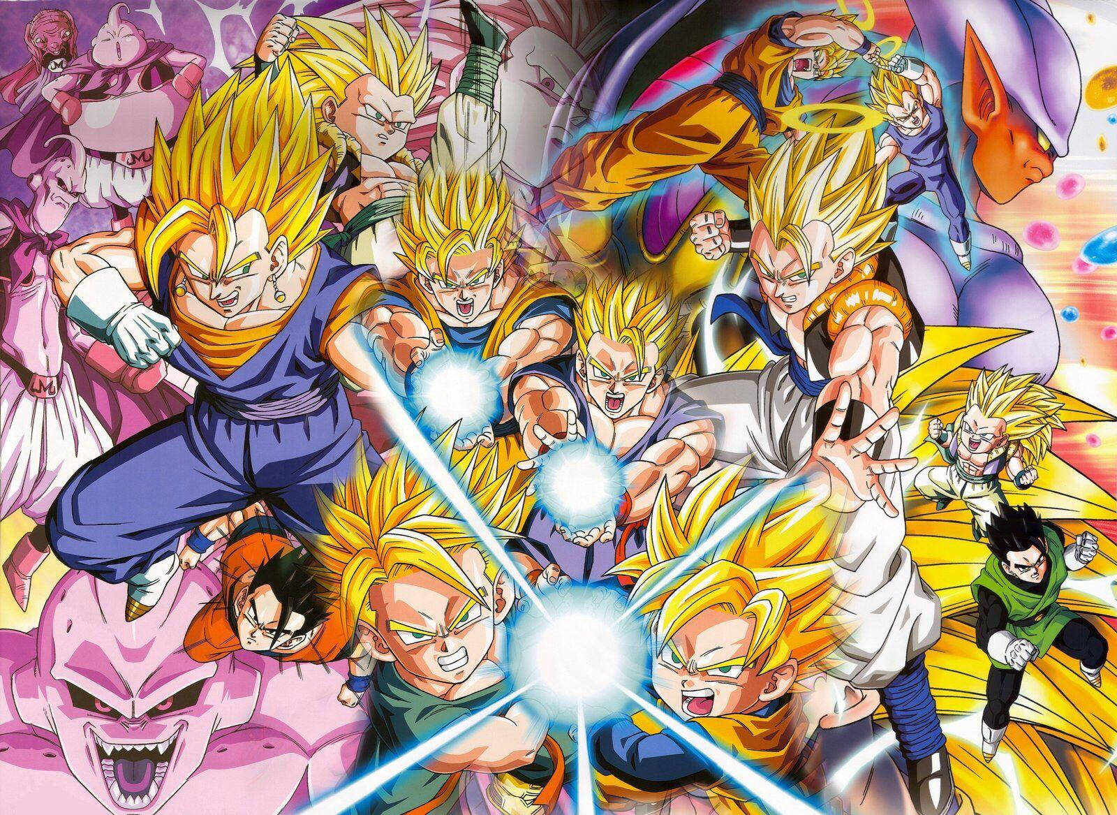 Goten 桌布 壁紙 — 充滿動感的動漫戰士，金色尖刺頭髮，在混亂的戰鬥場景中釋放出發光的能量爆炸。