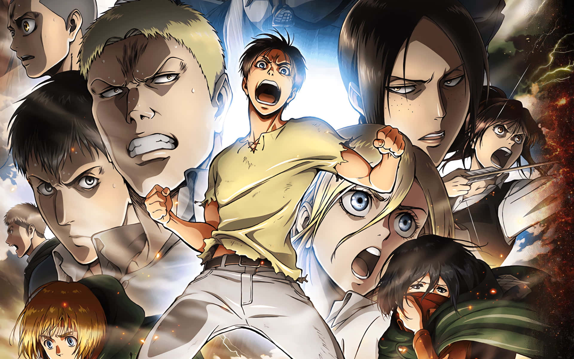 Attack On Titan Season 2 桌布 壁紙 — 充滿動感的動漫拼貼，角色表情堅定，燈光效果戲劇化。