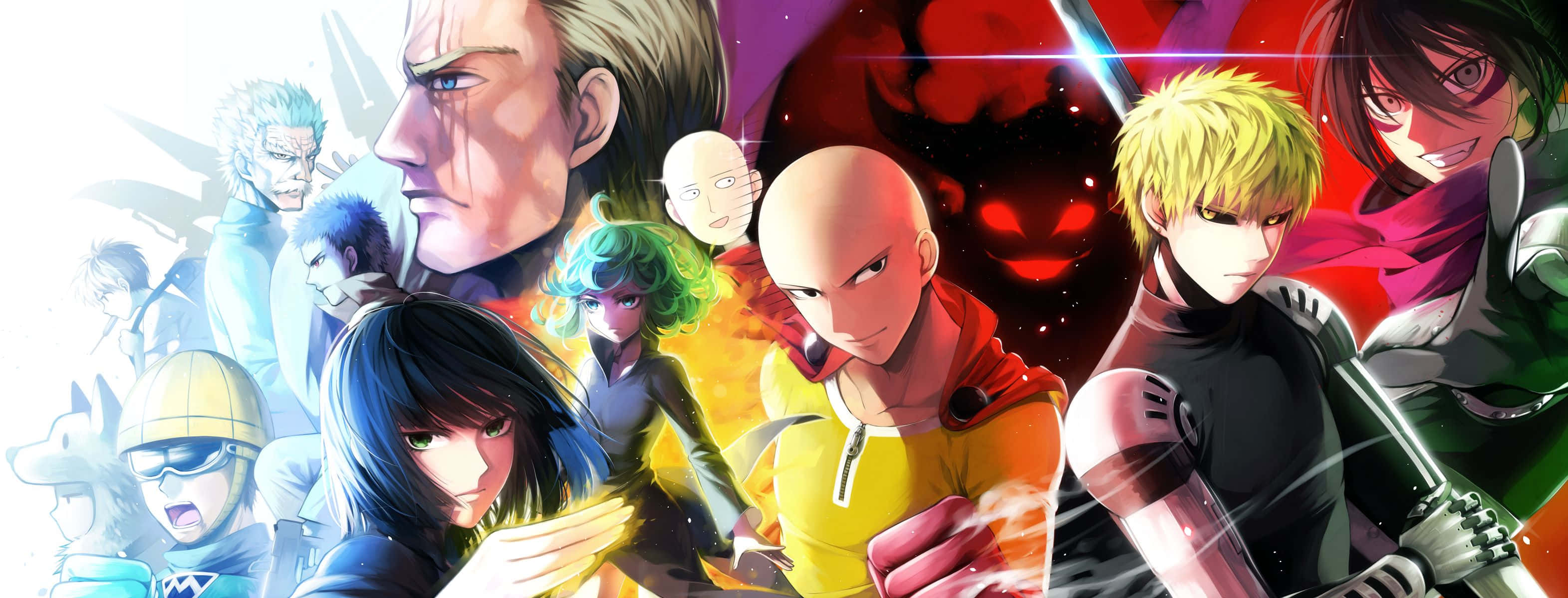 One Punch Man Season 2 桌布 壁紙 — 充滿動感的動漫角色，表情強烈，色彩鮮豔，在熾熱的宇宙背景下碰撞。