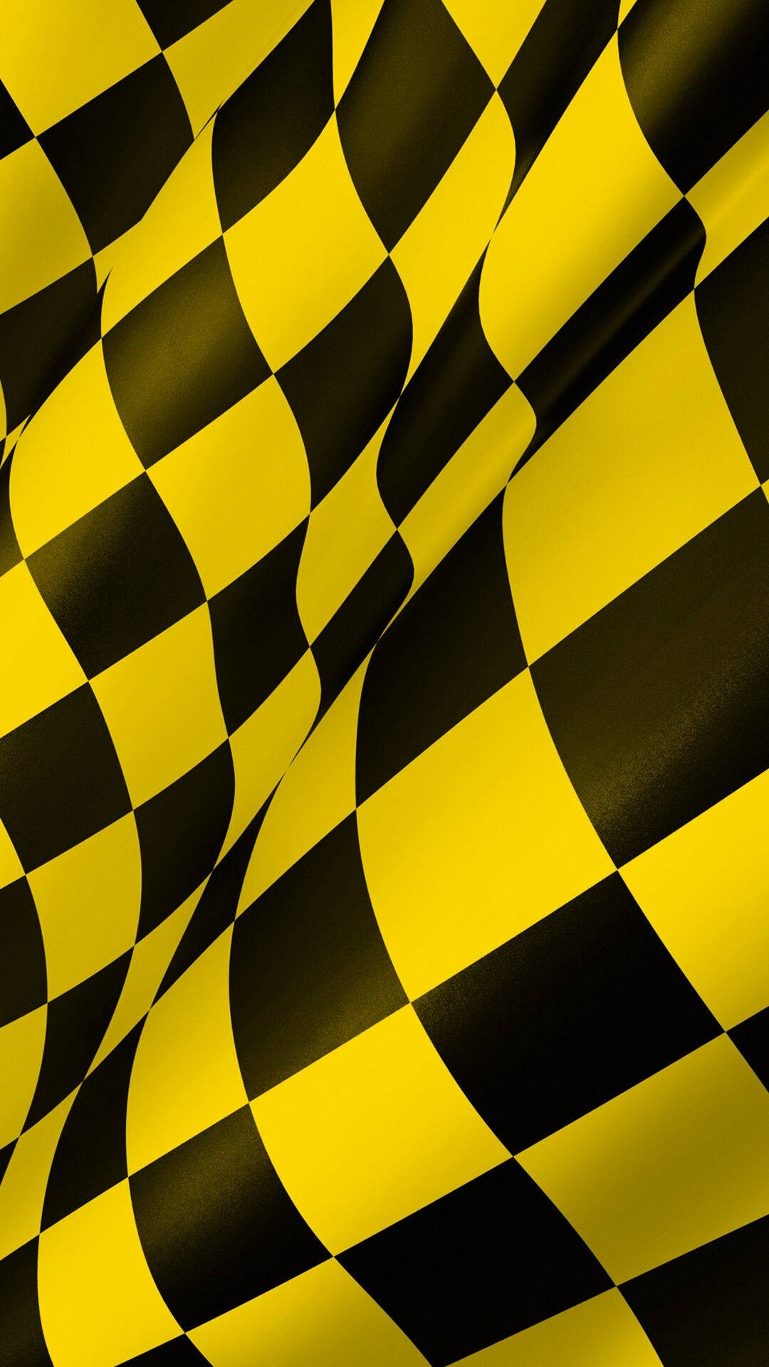 Checkered Flag 桌布 壁紙 — 充滿動感的波浪形黃黑格子圖案，帶有光澤褶皺，營造出深度和動感。