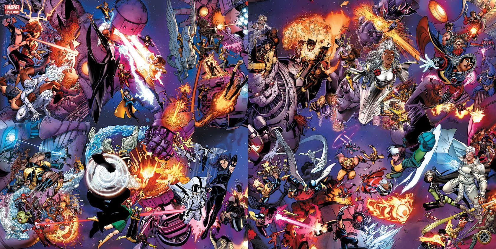 heroes 桌布 壁紙 — 充滿動感的漫畫英雄與反派在混亂的宇宙大戰中碰撞，伴隨著爆炸與能量光束。