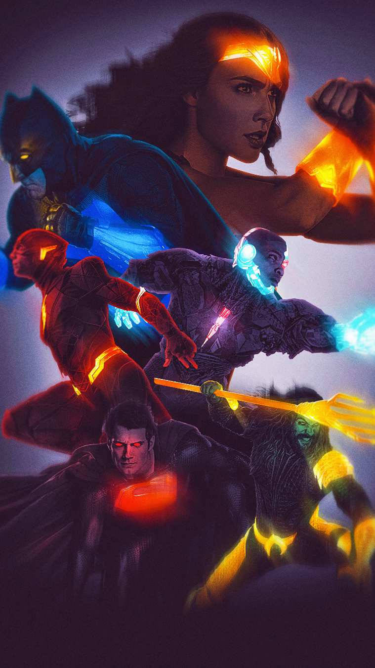 Justice League 桌布 壁紙 — 充滿動感的超級英雄團隊身穿發光霓虹戰衣，在黑暗氛圍背景下蓄勢待發。