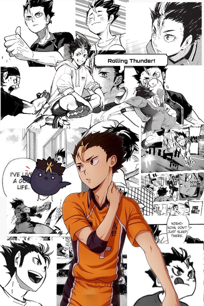 排球少年 桌布 壁紙 — 充滿動感的黑白漫畫面板，展示一位身穿橙色球衣、意志堅定的排球運動員，周圍環繞著動作場景和對話氣泡。