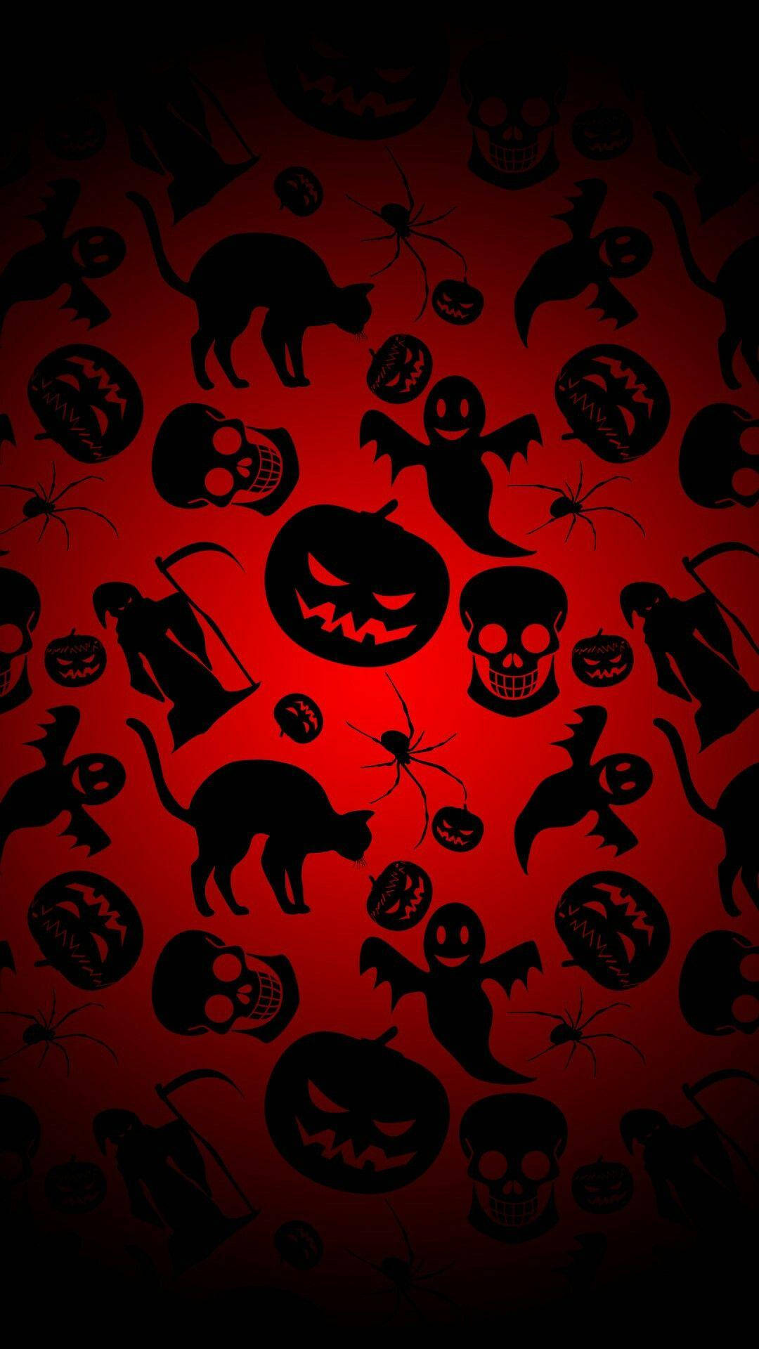 Black And Red 桌布 壁紙 — 充滿南瓜、骷髏、蝙蝠、貓和蜘蛛的黑色萬聖節剪影的鮮紅色桌布。
