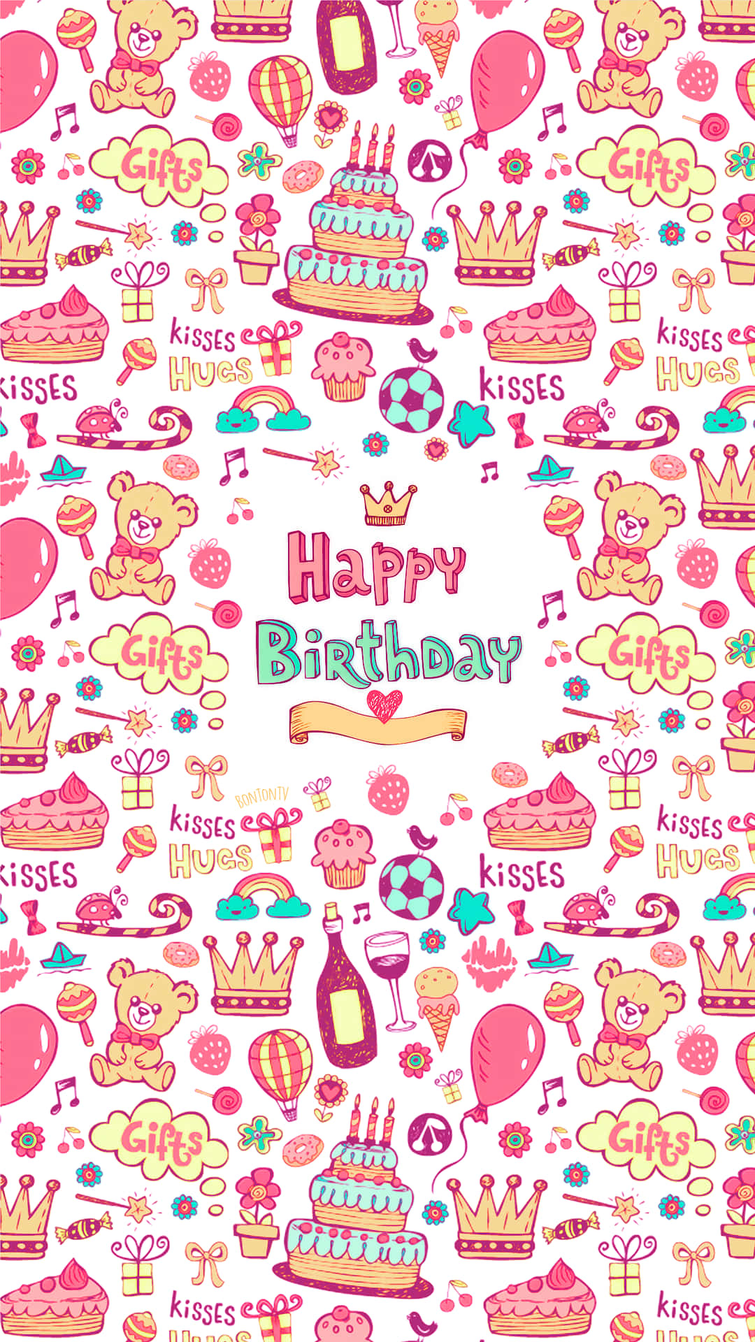 Birthday 桌布 壁紙 — 充滿卡通熊、蛋糕、皇冠和派對氣球的鮮豔粉紅色生日桌布，採用俏皮的重複圖案。