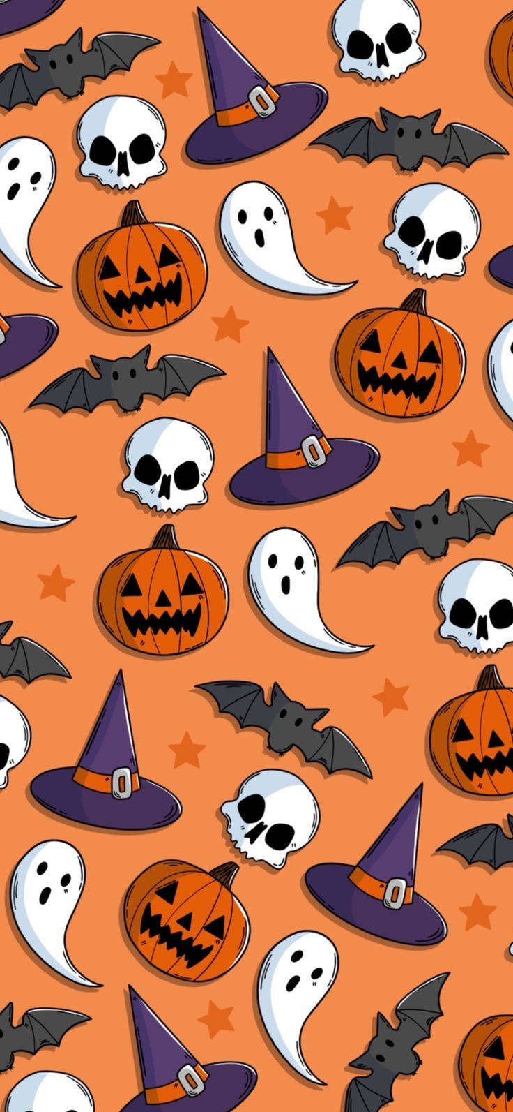 Halloween Phone 桌布 壁紙 — 充滿卡通鬼魂、南瓜、骷髏頭、蝙蝠和女巫帽的鮮豔橙色萬聖節壁紙圖案。