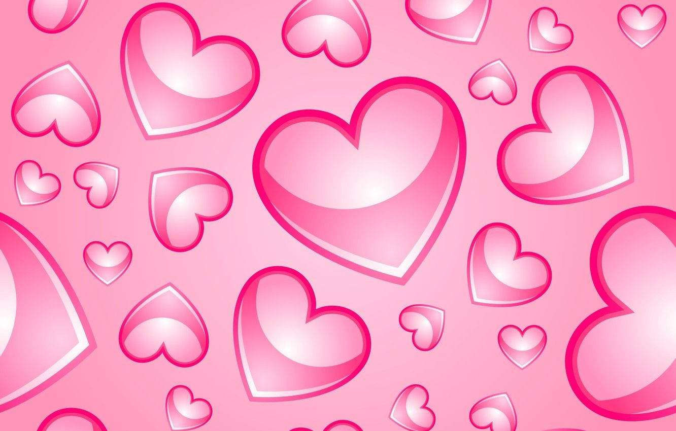 Pastel Pink Heart 桌布 壁紙 — 充滿各種大小、閃亮3D心形的鮮豔粉紅色背景，以俏皮圖案漂浮。