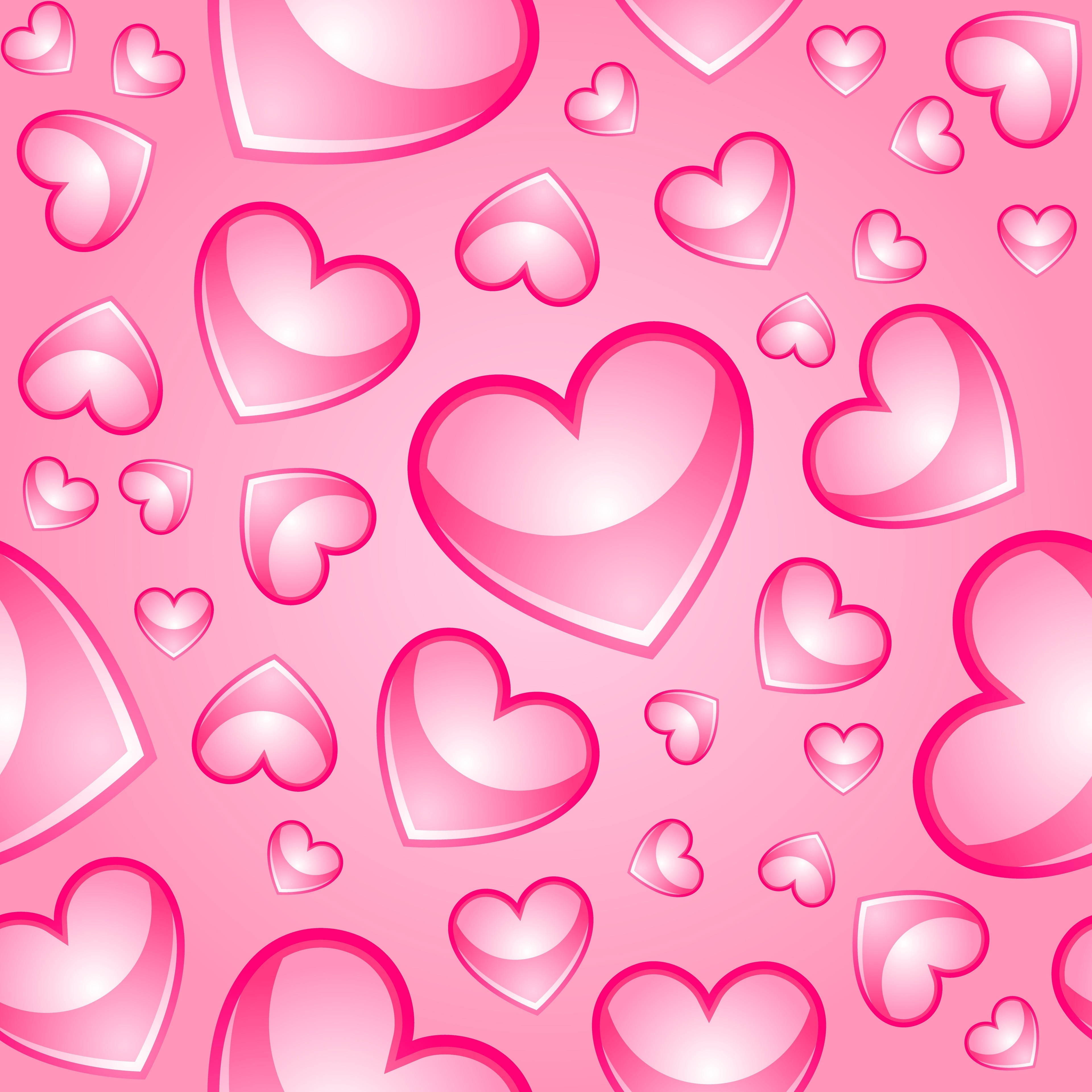 girly pink aesthetic 桌布 壁紙 — 充滿各種大小、閃亮卡通心形的鮮豔粉紅色背景，漂浮在歡快的圖案中。