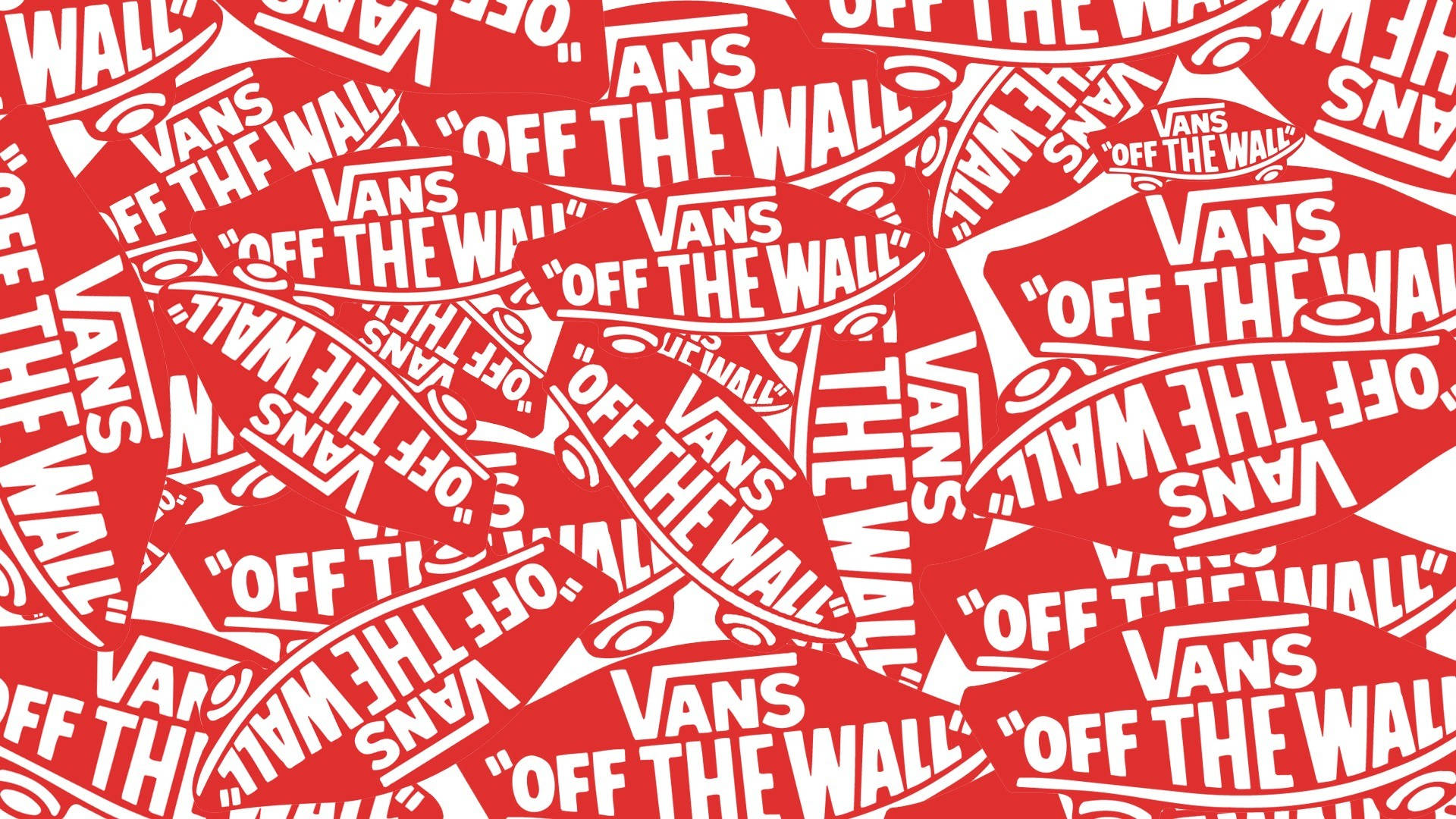 Vans 桌布 壁紙 — 充滿各種方向重疊白色Vans Off The Wall標誌的鮮豔紅色背景。