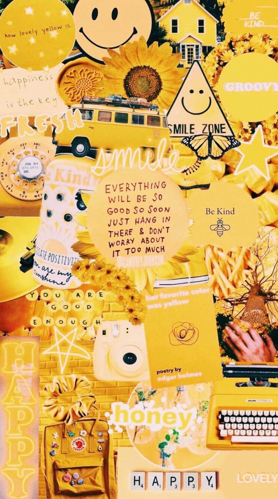 Smiley 桌布 壁紙 — 充滿向日葵、笑臉、名言和復古物品的鮮豔黃色拼貼畫，散發著歡樂的正能量。