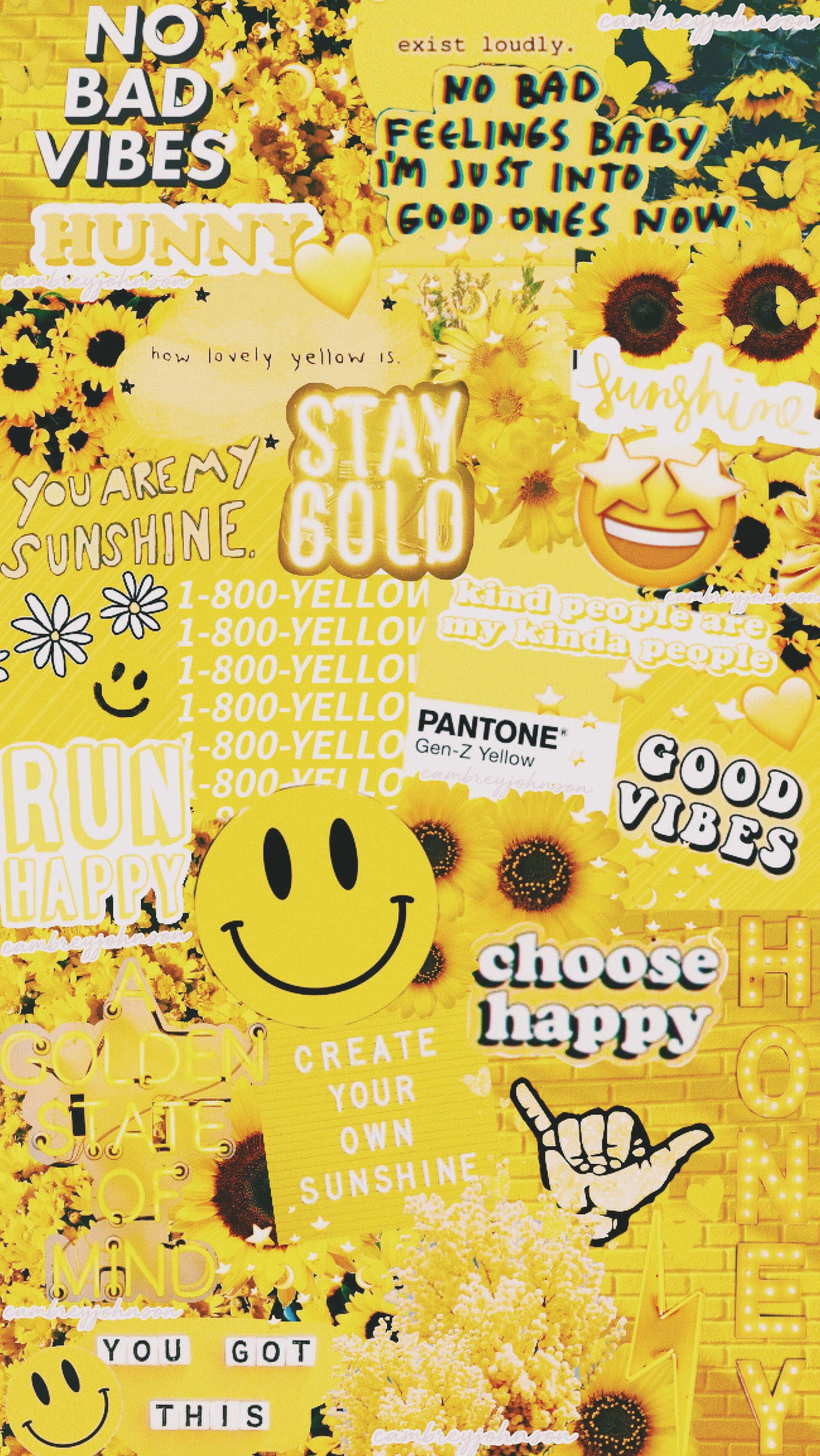 Aesthetic Yellow 桌布 壁紙 — 充滿向日葵、笑臉和振奮人心正面肯定句的鮮豔黃色壁紙拼貼。