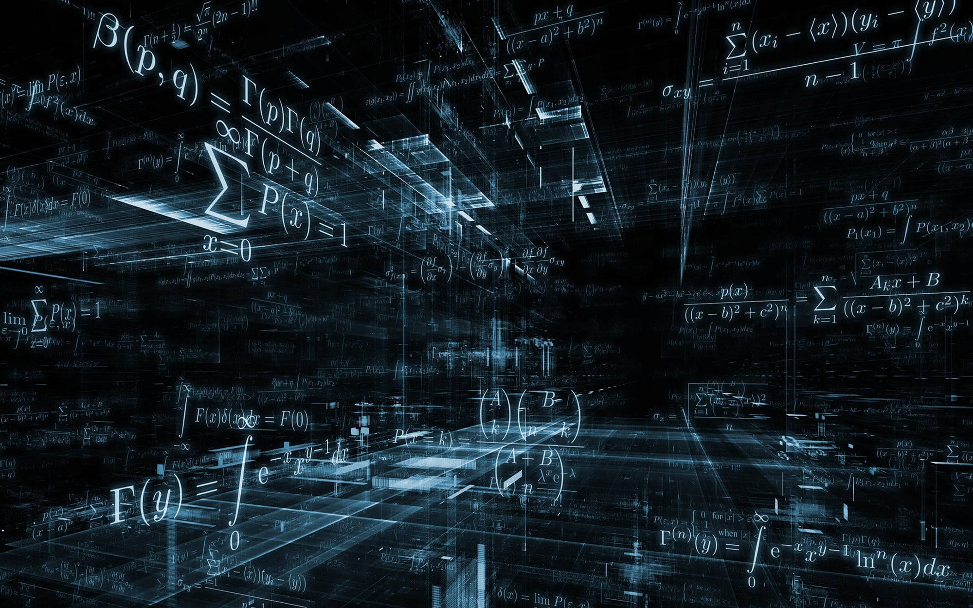 Physics 桌布 壁紙 — 充滿在黑暗虛空中漂浮的發光藍色數學方程式的未來數位空間。