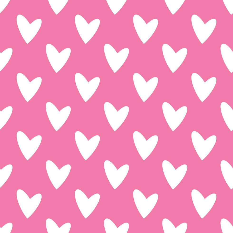 Tumblr Pink 桌布 壁紙 — 充滿均勻分佈的白色心形圖案的重複圖案的鮮豔粉紅色背景。