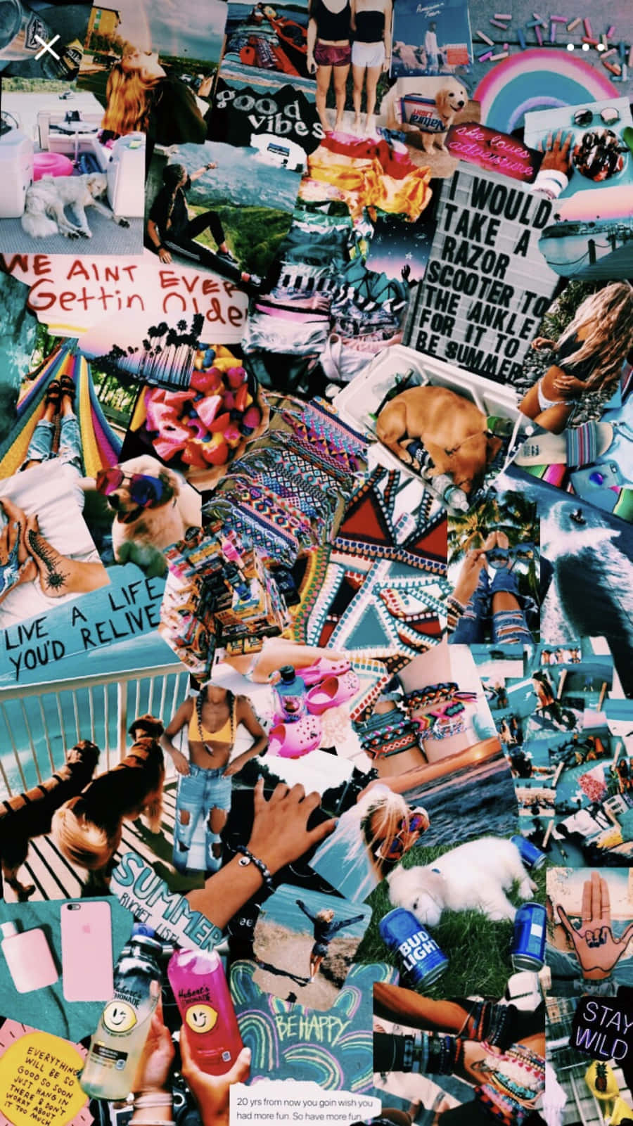 iPhone Collage 桌布 壁紙 — 充滿夏日氣息的鮮明拼貼畫，包含狗、人物、彩色文字和海灘場景，採用明亮的青綠色、粉紅色和黃色色調。